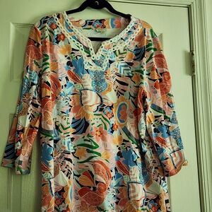 Talbots Orange Relaxed Graphic 3/4 Sleeve Tunic